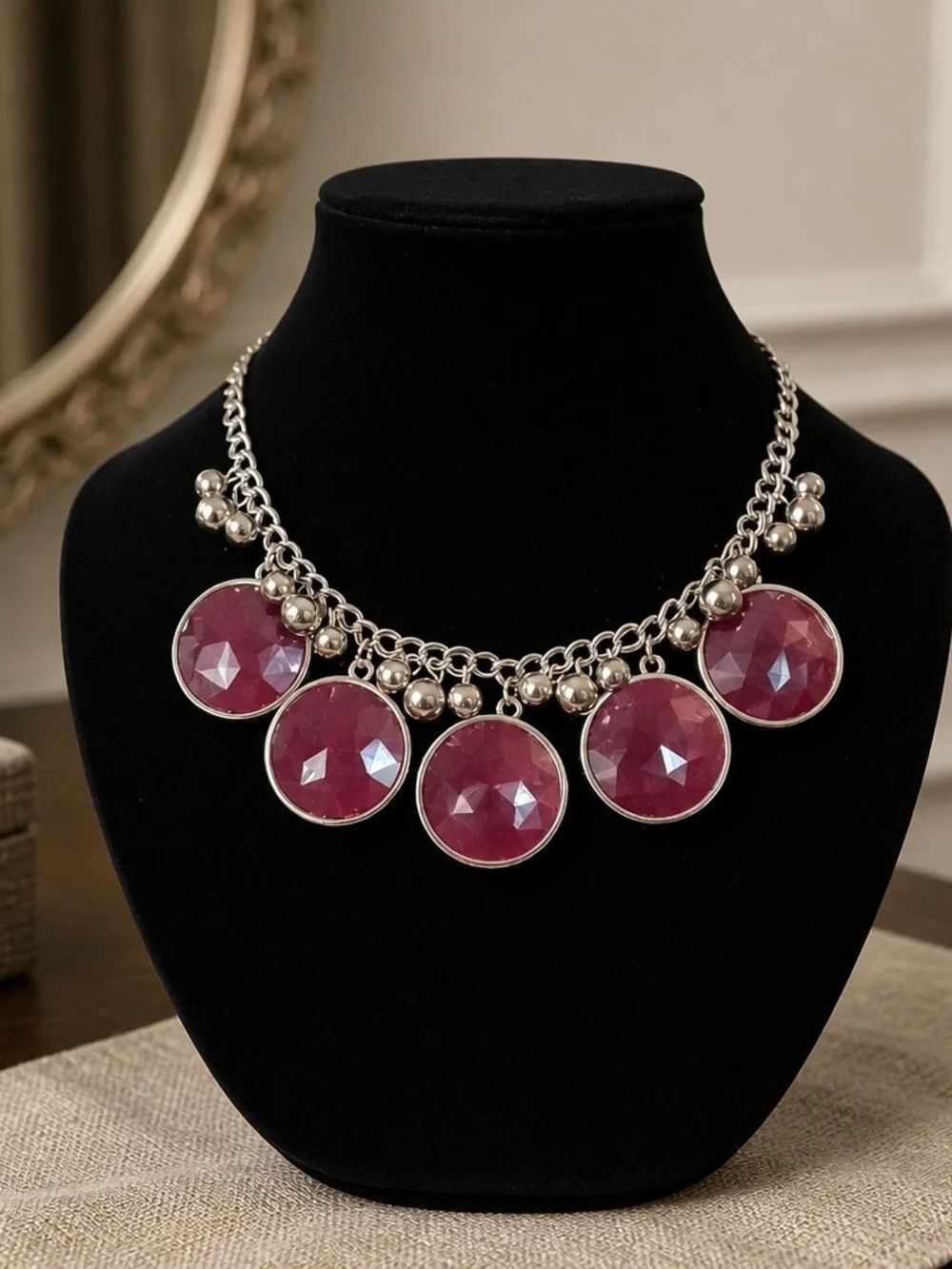 Silver Chain Necklace with Rose Pink Gem Discs